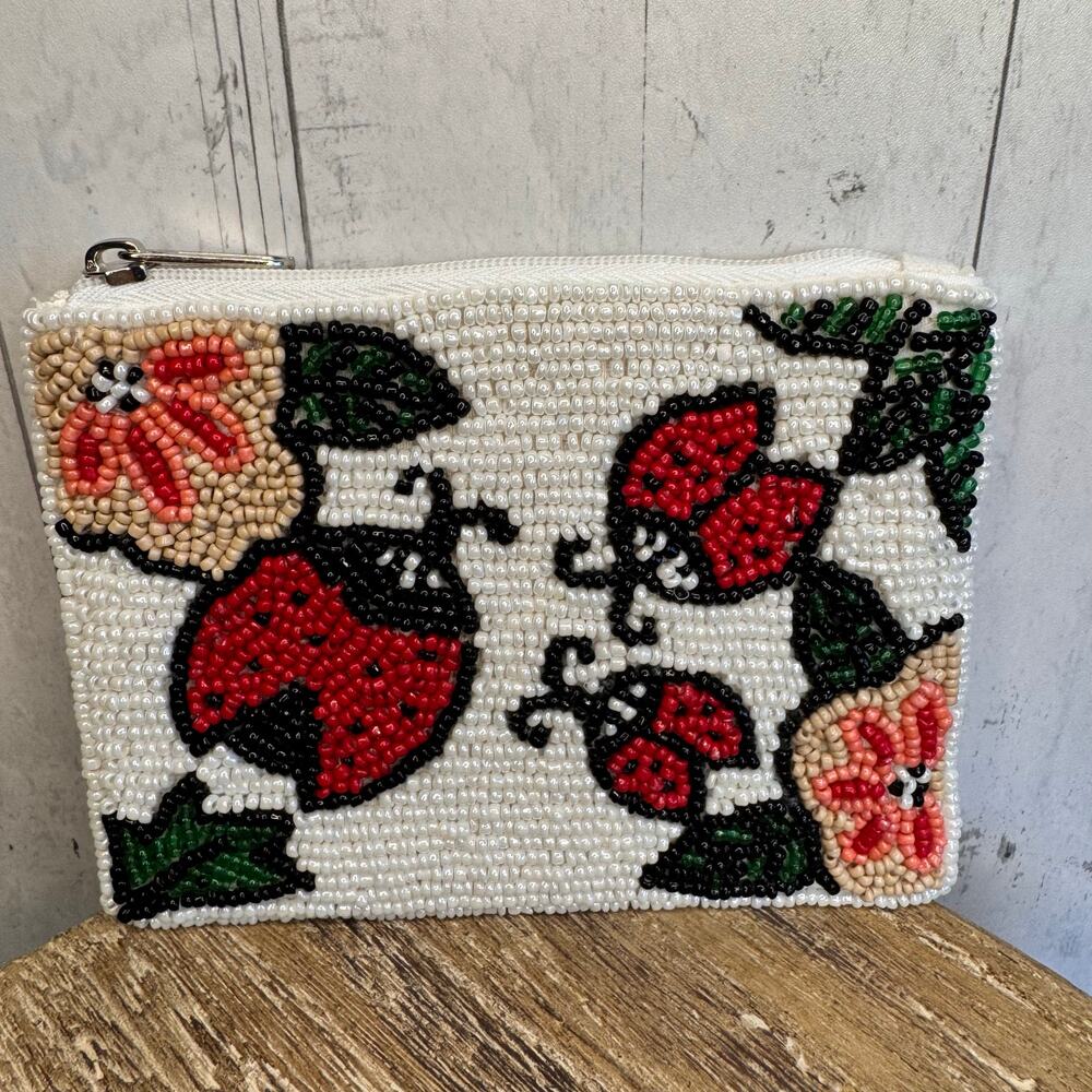 Beaded  Red Coin Purse Wallet Lady Bug Gift Travel Pouch New FAST SHIP